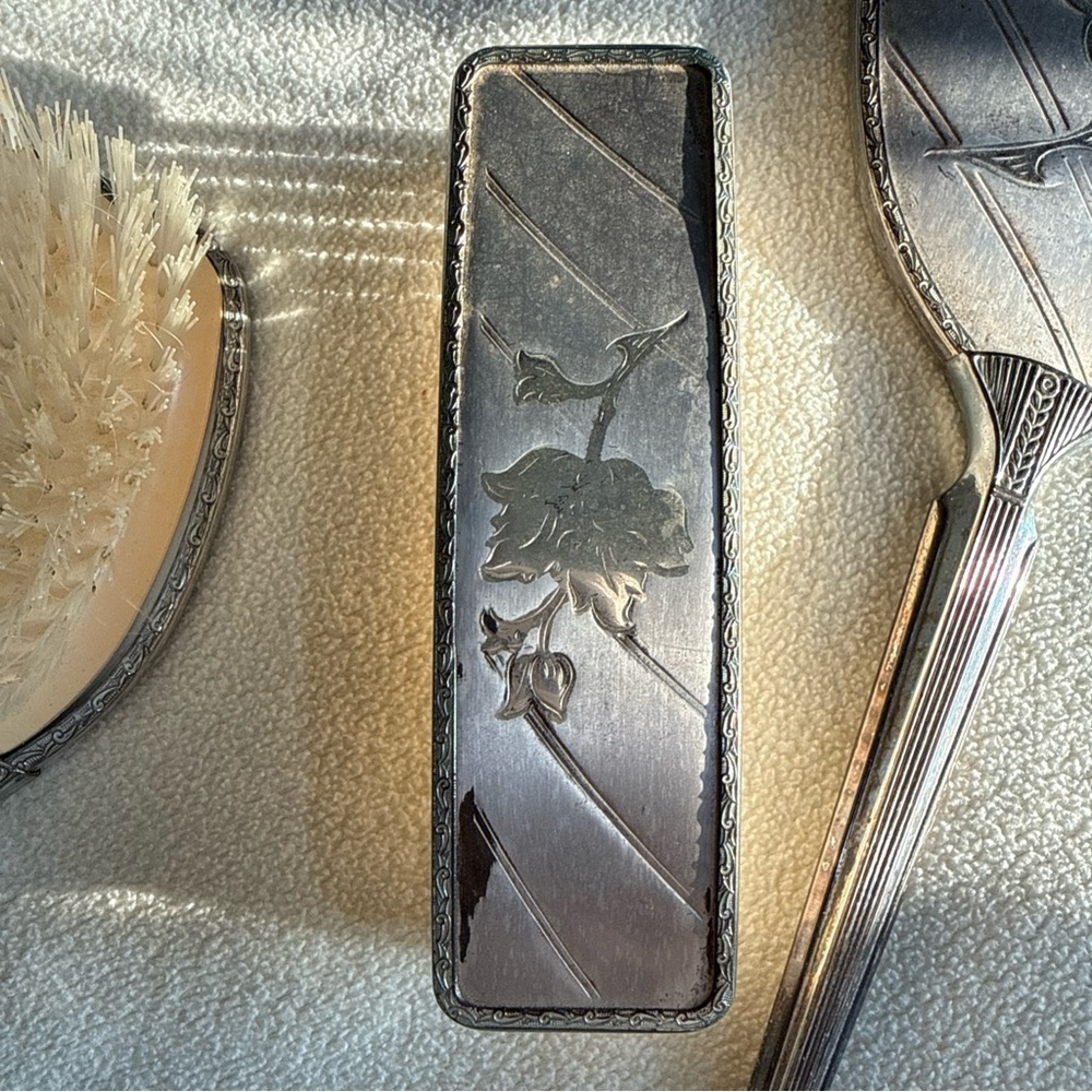 Vintage Silver-Tone Floral Hand Mirror & Brush Set - Picture 9 of 12